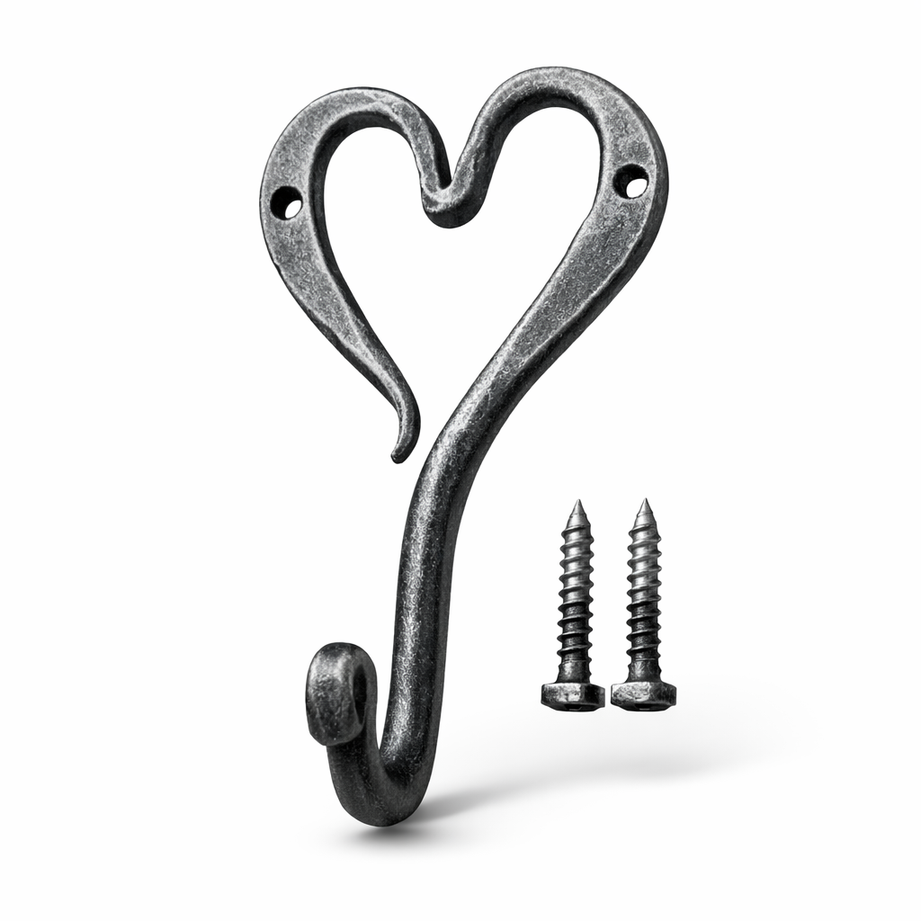 Srdce - háček stříbrná patina - směr vlevo - 2 vruty do dřeva